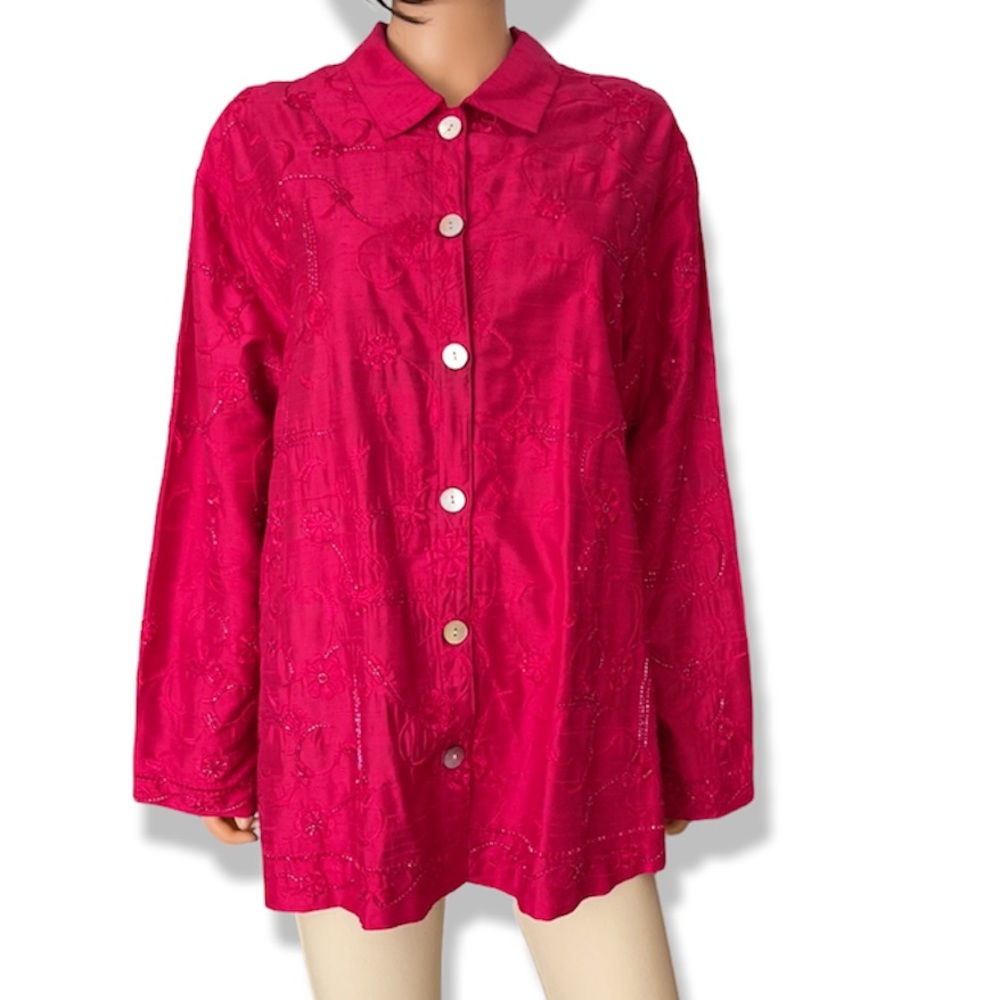 Laura Ashley Silk Appliqué Fuchsia Beaded Embroidered Blousy Jacket